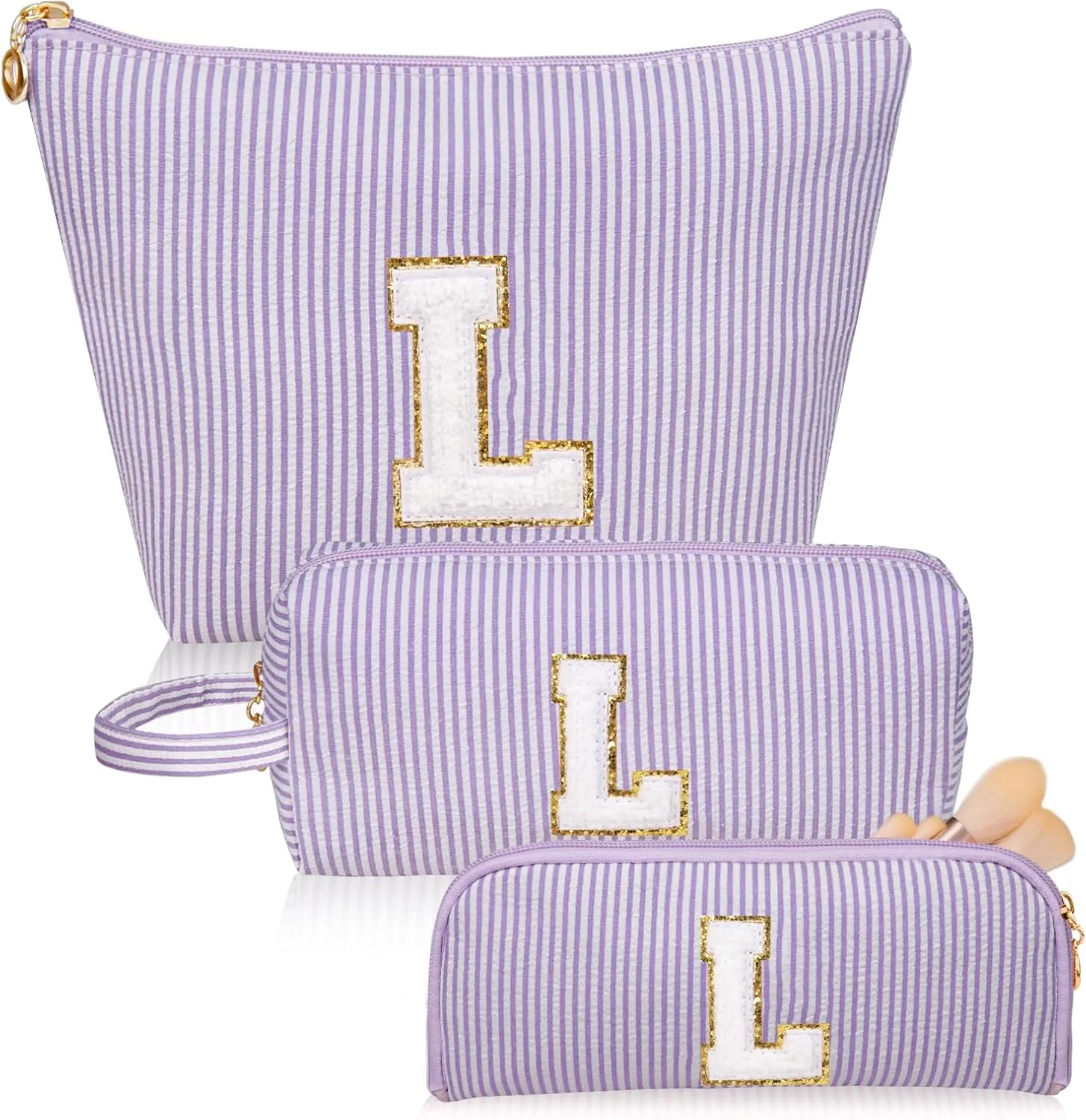 Initials Makeup Bag Set, Personalized Purple Cosmetic Bag, Cute Large Make up Bags, Travel Toiletry Bag for Women Girl Gifts L(Purple)