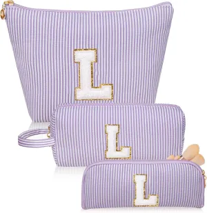 Initials Makeup Bag Set, Personalized Purple Cosmetic Bag, Cute Large Make up Bags, Travel Toiletry Bag for Women Girl Gifts L(Purple)