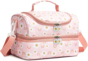Insulated Kids Dual Compartment Lunch Bags Tote Pack for Girls Boys Toddler School Picnic Food Cooler Hot Water Ice with Strap Pink Rainbow Daisies