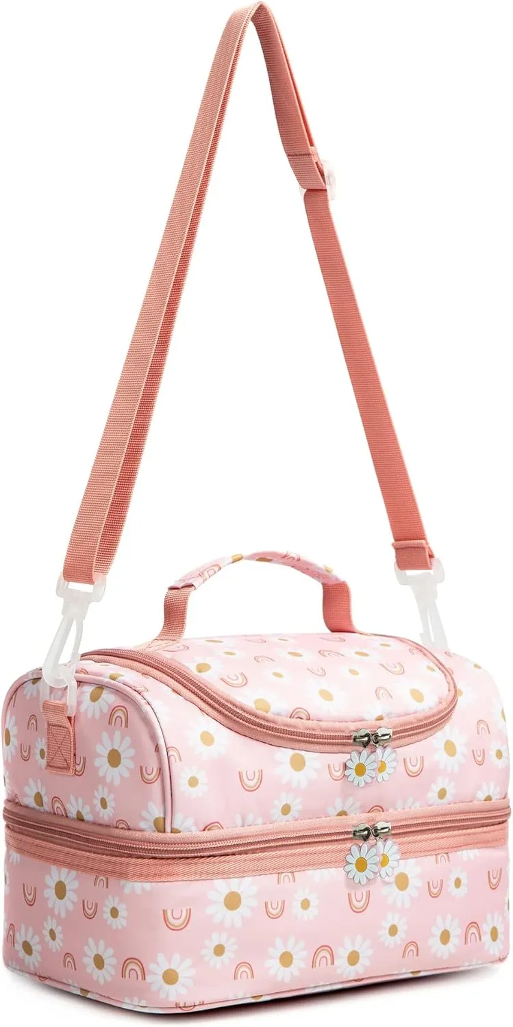 Insulated Kids Dual Compartment Lunch Bags Tote Pack for Girls Boys Toddler School Picnic Food Cooler Hot Water Ice with Strap Pink Rainbow Daisies