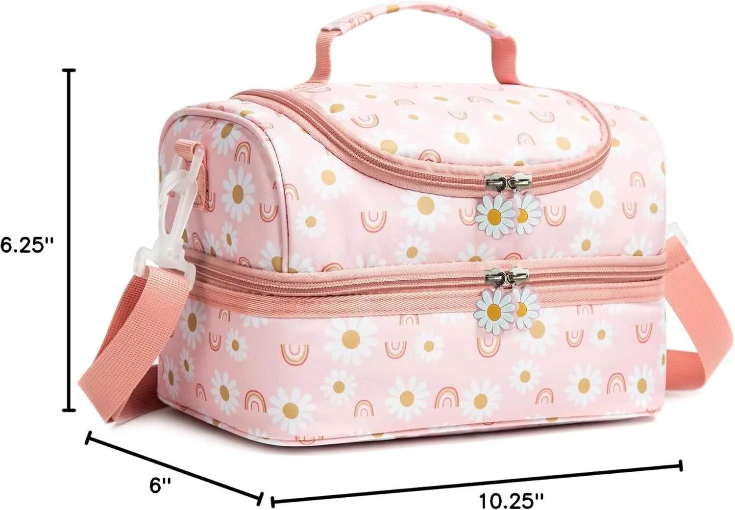 Insulated Kids Dual Compartment Lunch Bags Tote Pack for Girls Boys Toddler School Picnic Food Cooler Hot Water Ice with Strap Pink Rainbow Daisies
