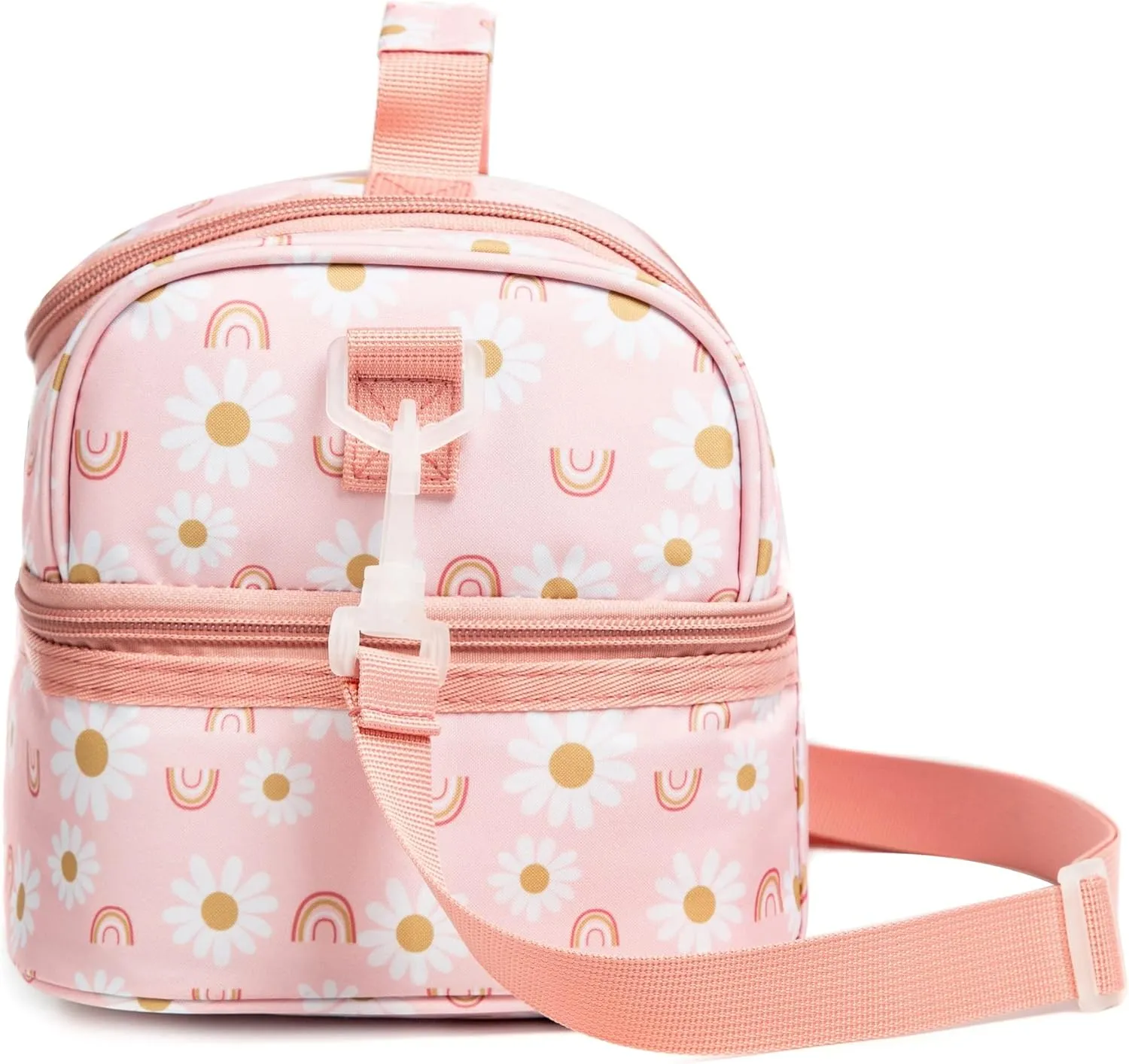 Insulated Kids Dual Compartment Lunch Bags Tote Pack for Girls Boys Toddler School Picnic Food Cooler Hot Water Ice with Strap Pink Rainbow Daisies