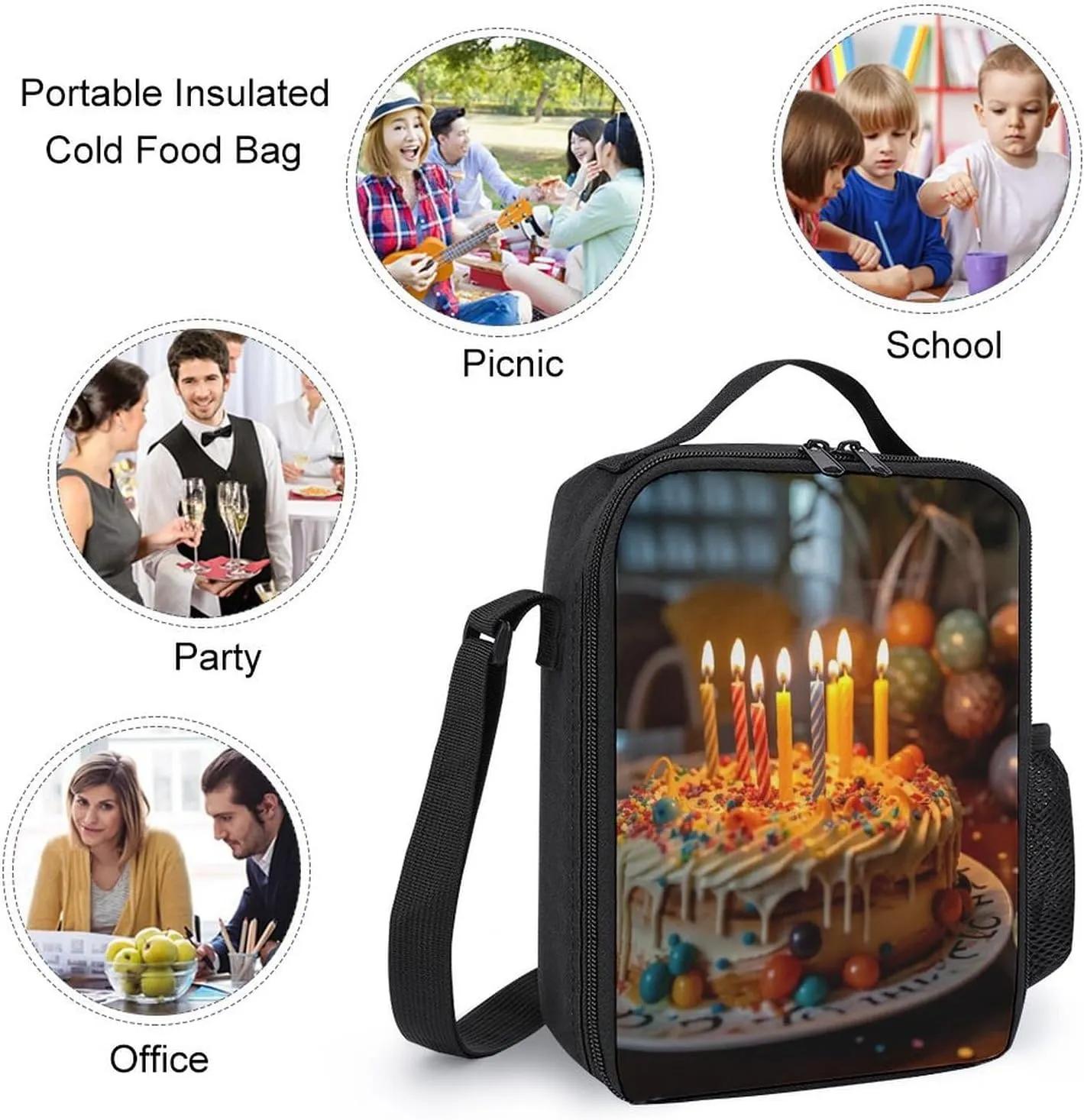 Insulated Lunch Bag Lunch Box for Women Men Candles on Birthday Cake Lunch Tote Bags for Work Office