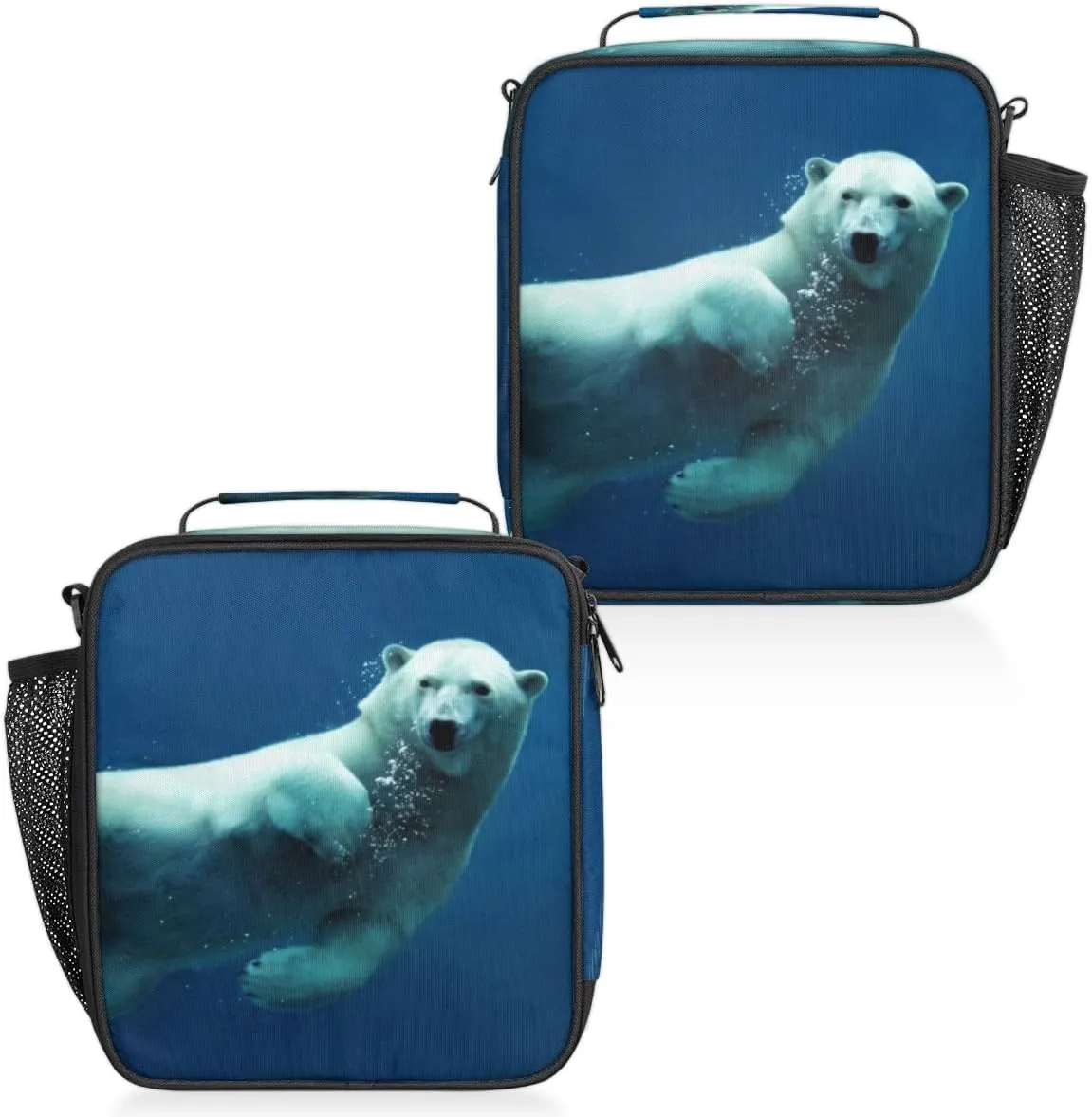 Insulated Lunch Bag Reusable Waterproofing Cute Polar Bear Lunch Box with Shoulder Strap Handle and Water Bottle Net Bag for Travel Camping Beach Picnic