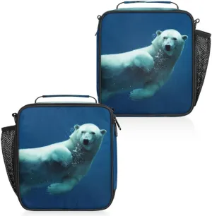 Insulated Lunch Bag Reusable Waterproofing Cute Polar Bear Lunch Box with Shoulder Strap Handle and Water Bottle Net Bag for Travel Camping Beach Picnic