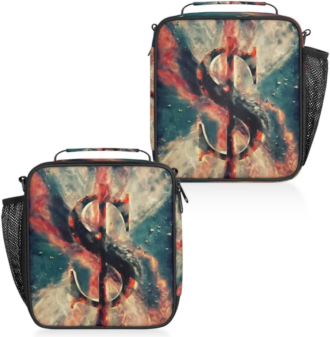 Insulated Lunch Bag Reusable Waterproofing Fantasy Notes Lunch Box with Shoulder Strap Handle and Water Bottle Net Bag for Travel Camping Beach Picnic