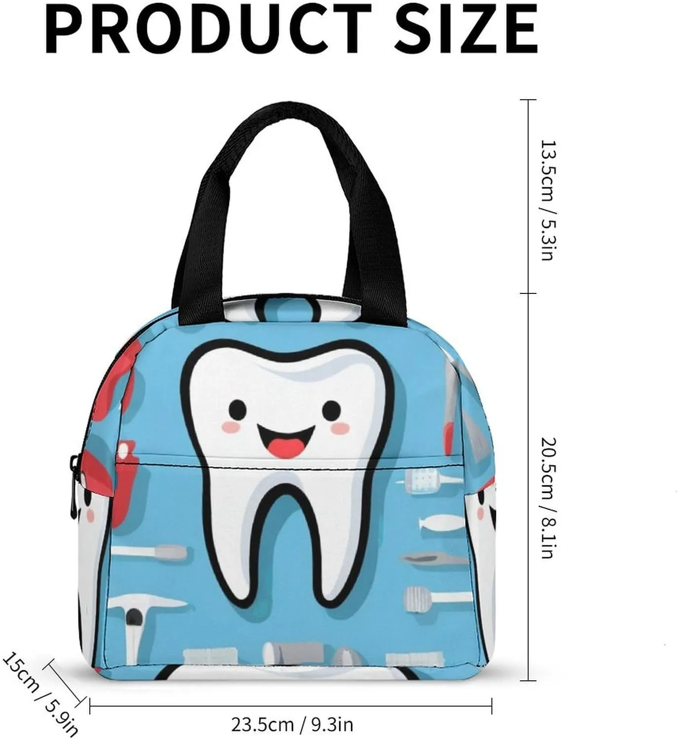 Insulated Lunch Tote, Teeth Dental Blue Novelty Pattern Lightweight Waterproof Lunch Bag with Pocket, Large Capacity Outdoor Snack Handbag