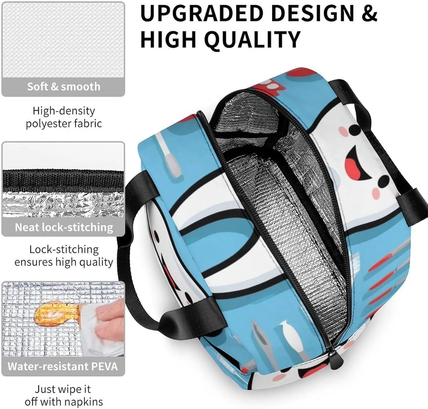 Insulated Lunch Tote, Teeth Dental Blue Novelty Pattern Lightweight Waterproof Lunch Bag with Pocket, Large Capacity Outdoor Snack Handbag