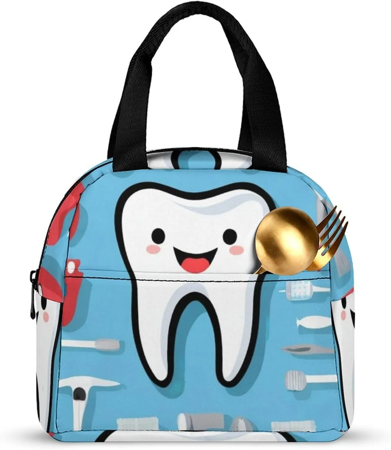 Insulated Lunch Tote, Teeth Dental Blue Novelty Pattern Lightweight Waterproof Lunch Bag with Pocket, Large Capacity Outdoor Snack Handbag