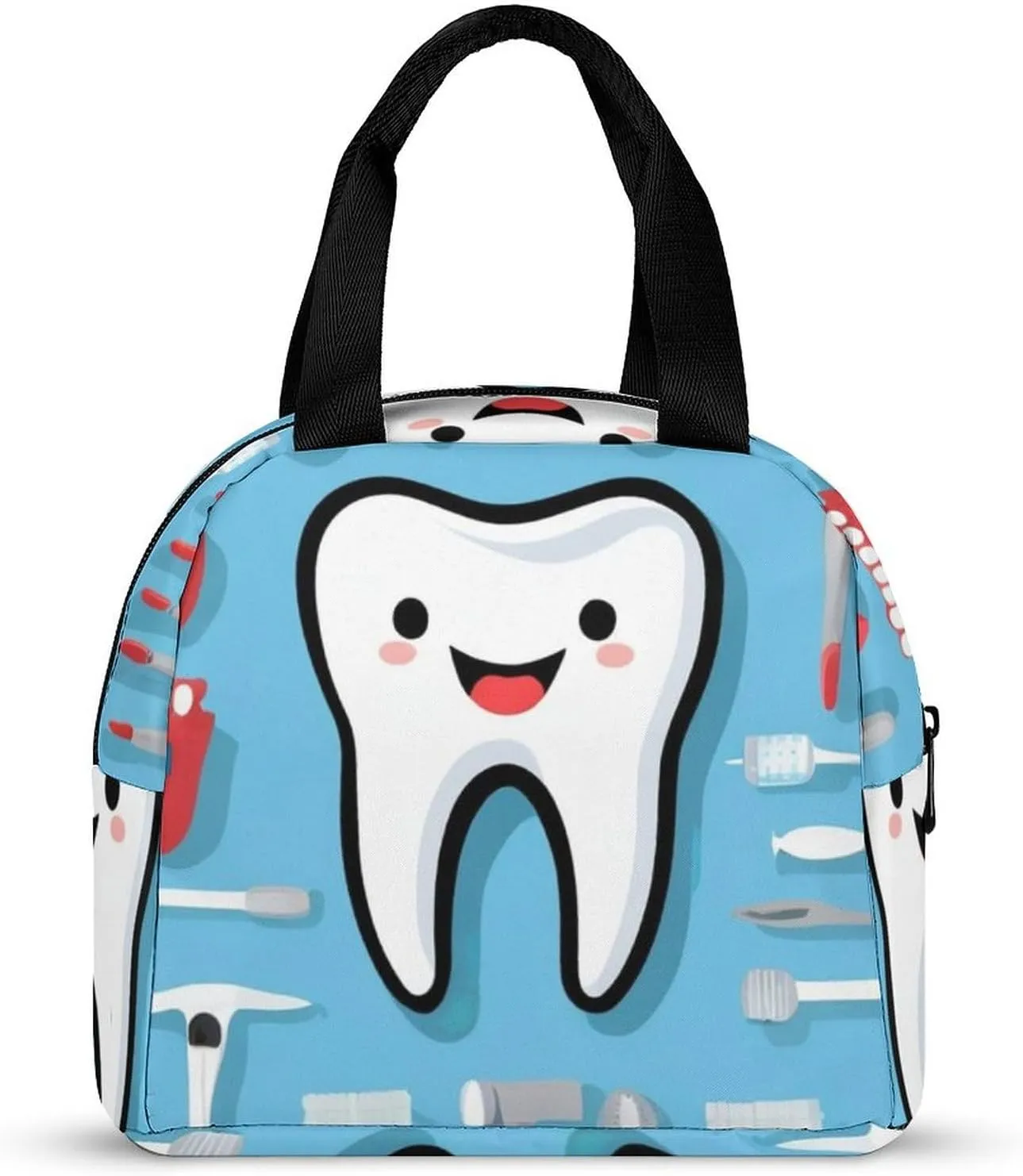 Insulated Lunch Tote, Teeth Dental Blue Novelty Pattern Lightweight Waterproof Lunch Bag with Pocket, Large Capacity Outdoor Snack Handbag