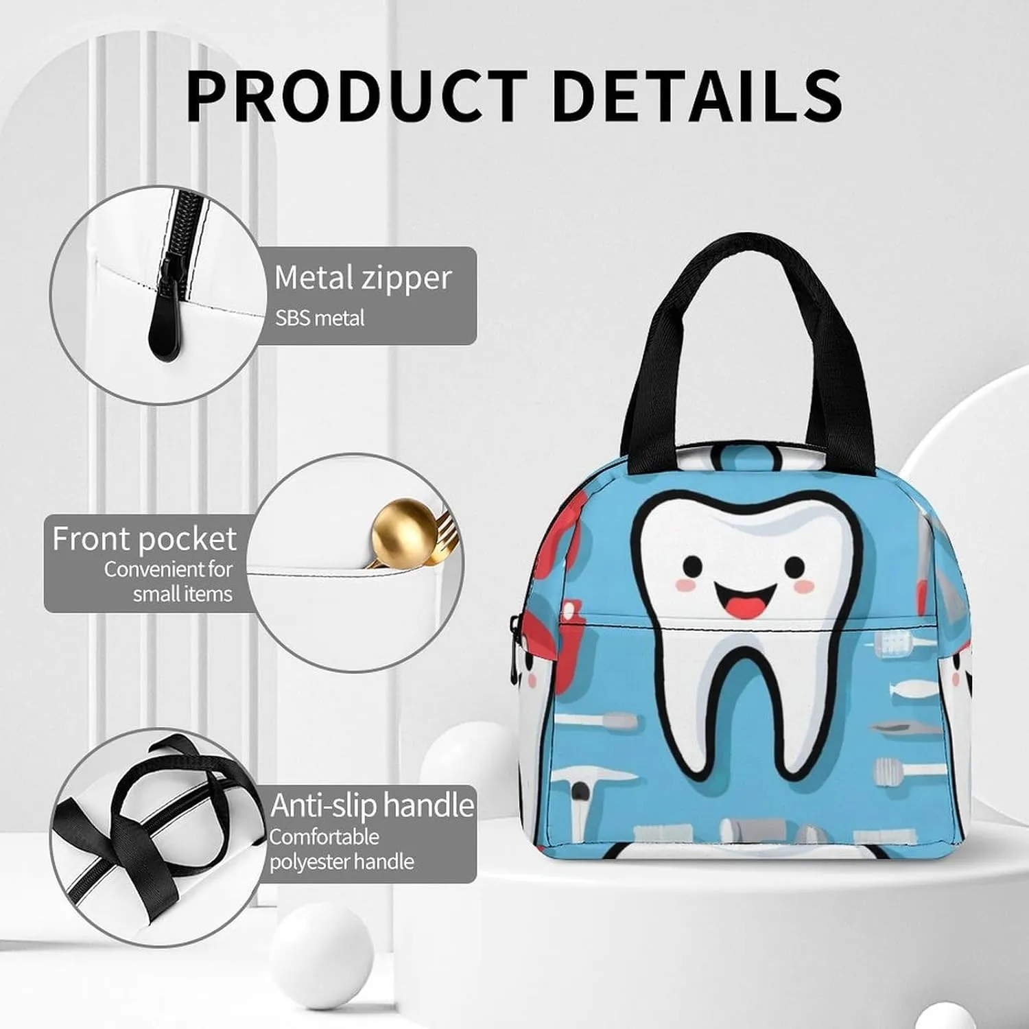 Insulated Lunch Tote, Teeth Dental Blue Novelty Pattern Lightweight Waterproof Lunch Bag with Pocket, Large Capacity Outdoor Snack Handbag