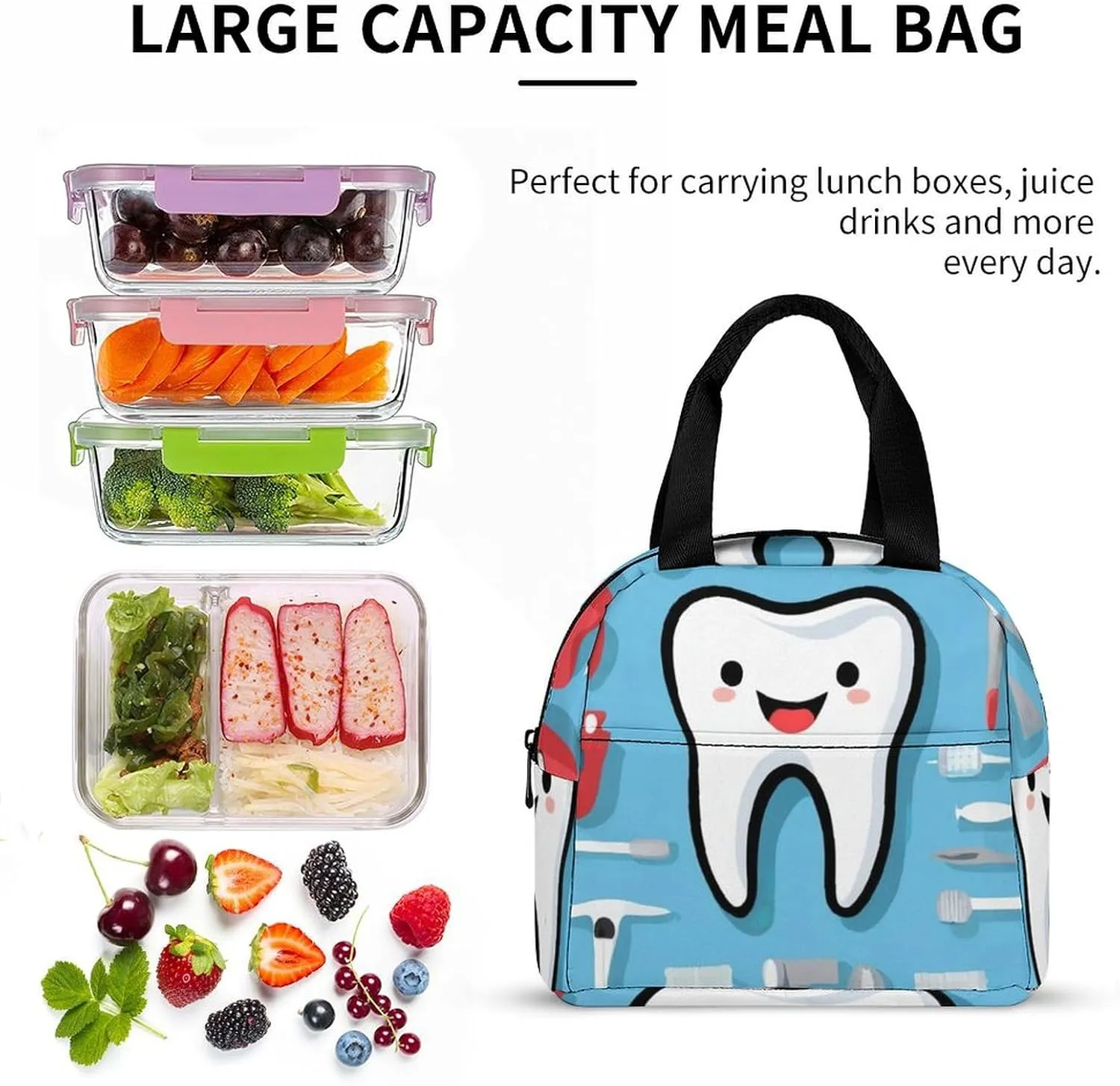 Insulated Lunch Tote, Teeth Dental Blue Novelty Pattern Lightweight Waterproof Lunch Bag with Pocket, Large Capacity Outdoor Snack Handbag