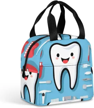 Insulated Lunch Tote, Teeth Dental Blue Novelty Pattern Lightweight Waterproof Lunch Bag with Pocket, Large Capacity Outdoor Snack Handbag