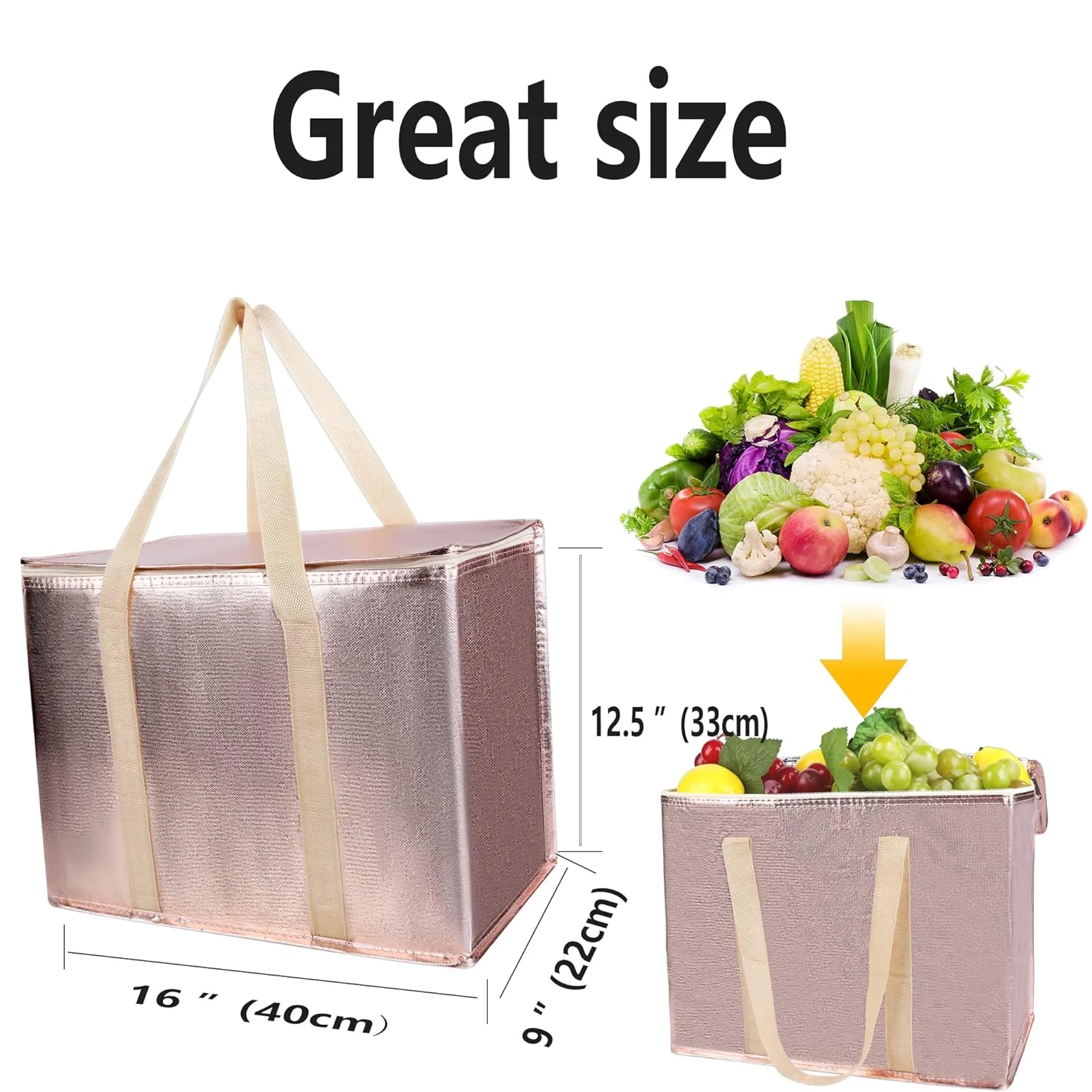 insulated picnic bag extra cooler Grocery shopping bags, Reusable, Heavy Duty, zipped zipper,Collapsible,tote,for men,women,for car,Recycled Golden XL-Large
