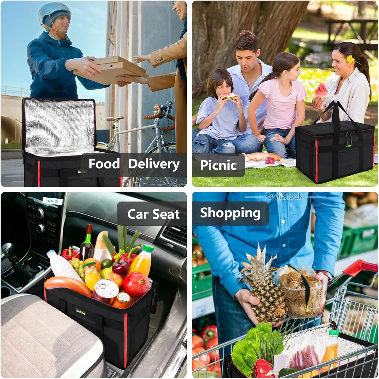 Insulated Reusable Grocery Bags (2-Pack), Cooler Bags insulated with Hard Bottom Insert Stands Upright, Sturdy Zipper Food Delivery Bag for Warm or Cold,2-Pack XL