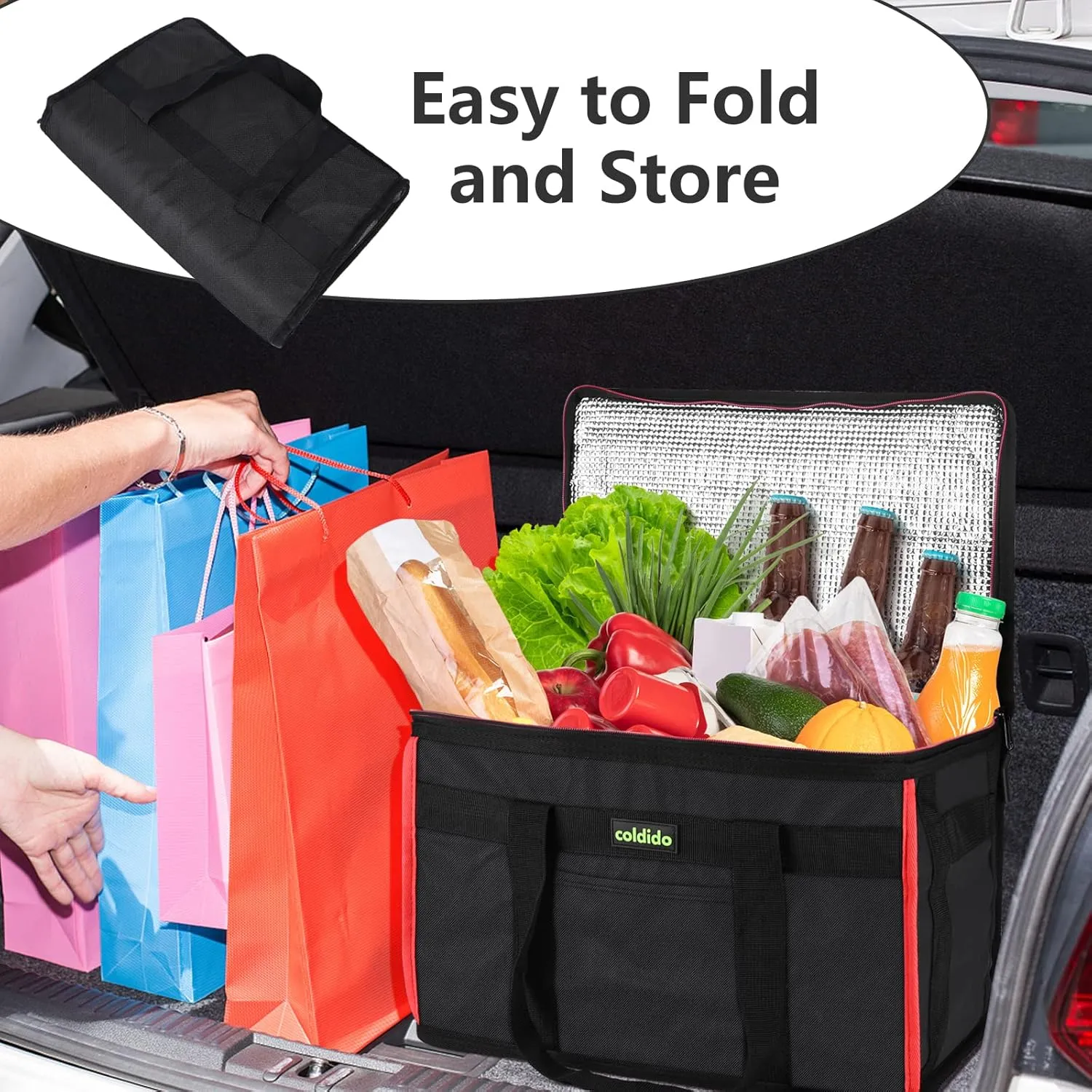 Insulated Reusable Grocery Bags (2-Pack), Cooler Bags insulated with Hard Bottom Insert Stands Upright, Sturdy Zipper Food Delivery Bag for Warm or Cold,2-Pack XL