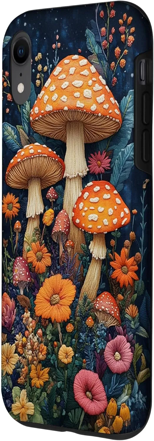 iPhone XR Brightly colored mushrooms and flowers stitched on cloth Case
