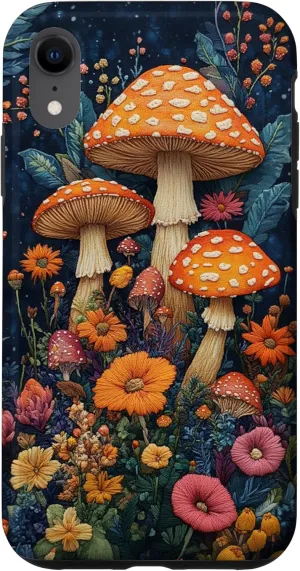 iPhone XR Brightly colored mushrooms and flowers stitched on cloth Case