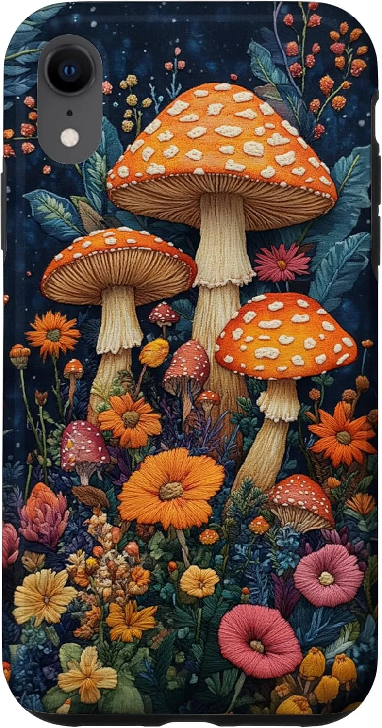 iPhone XR Brightly colored mushrooms and flowers stitched on cloth Case