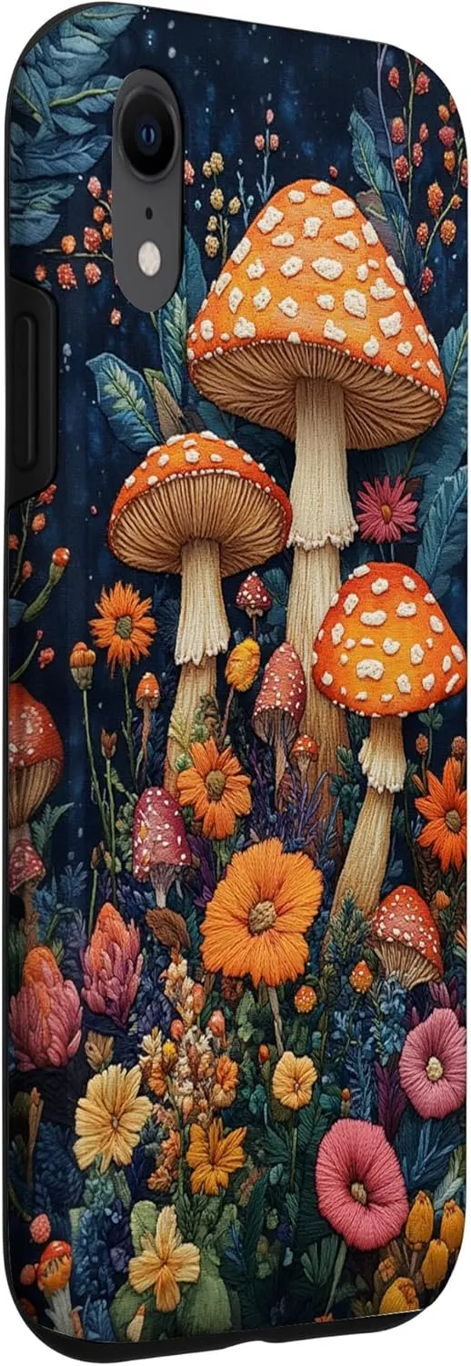 iPhone XR Brightly colored mushrooms and flowers stitched on cloth Case