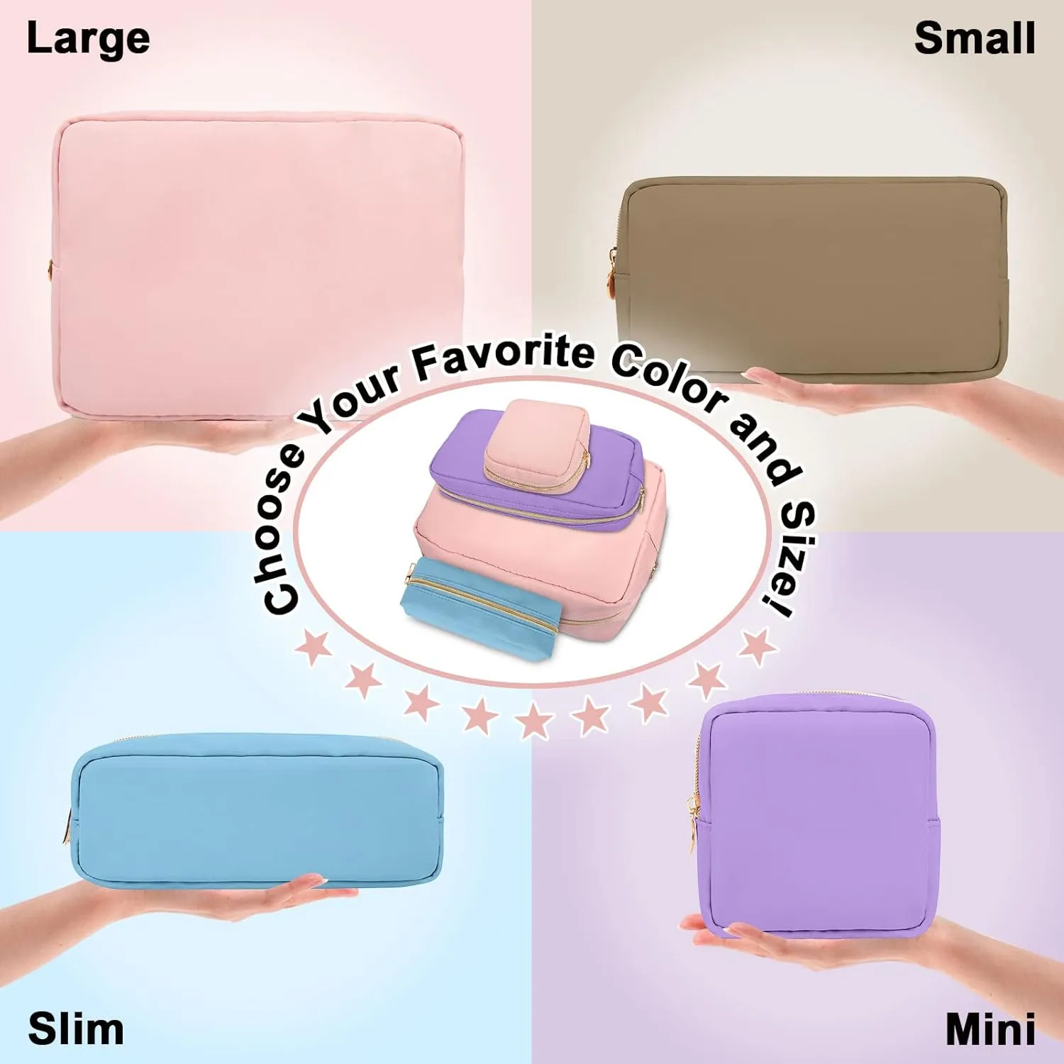 Izuzta Nylon Small Makeup Bag Slim Pouch, Preppy Cute Brush Case, Cosmetic Zipper for Purse, Waterproof Travel Toiletry Clutch Coin Organizer for Women Girls (Blue)