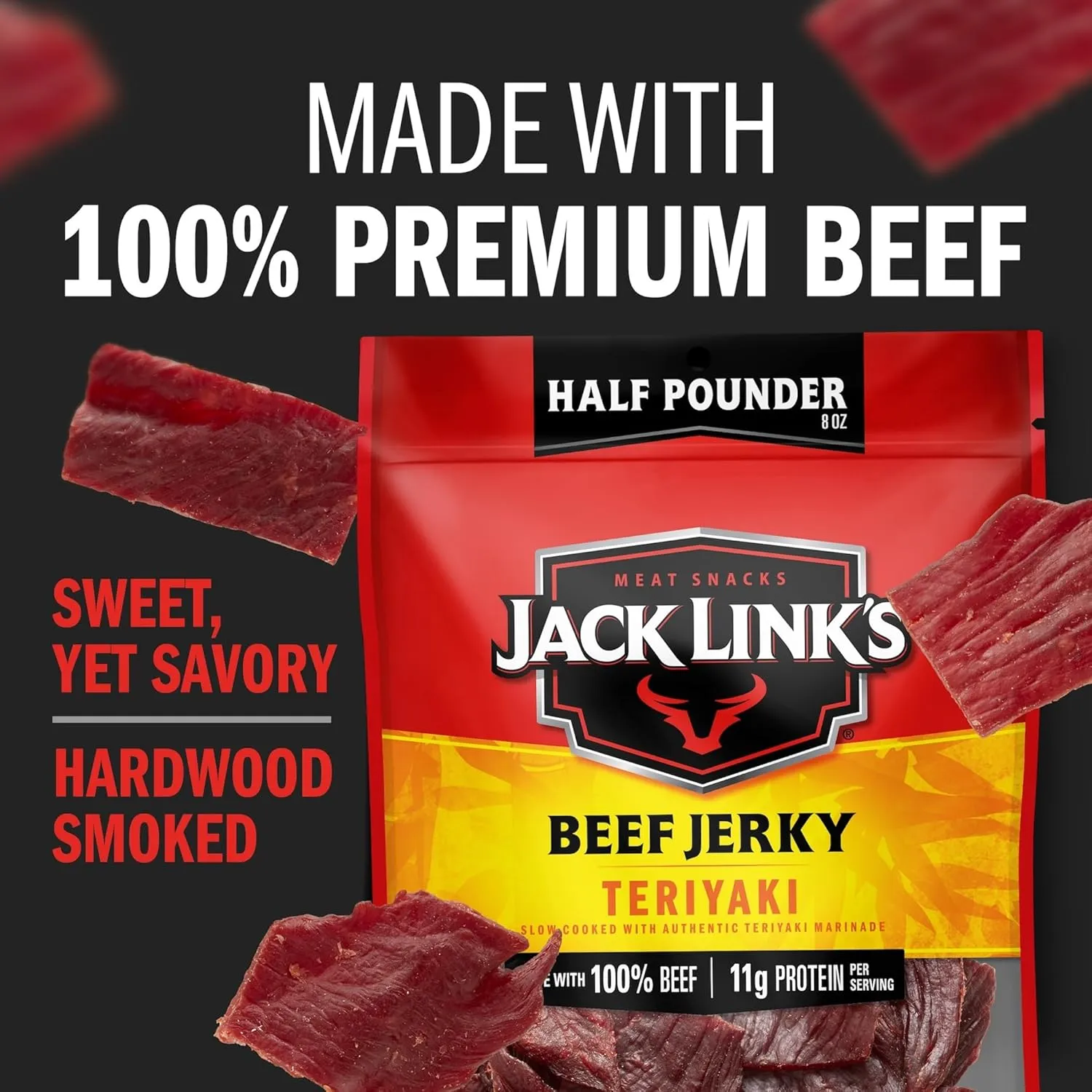 Jack Link's Beef Jerky, Teriyaki, Half Pounder Large Jerky Bag - Flavorful Meat Snack, Ready to Eat Protein Snacks with 11g of Protein per Serving, Made with 100% Beef