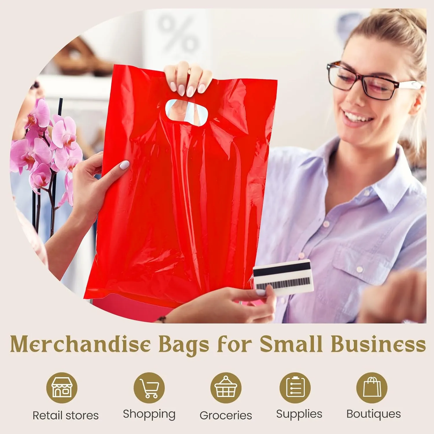 Janlaugh 300 Pcs Merchandise Bags with Die Cut Handle 1.5 Mil 9 x 12 Inch Thick Plastic Glossy Retail and Shopping Bag for Party Favor Gift Boutique(Yellow Tender Green Bright Red)