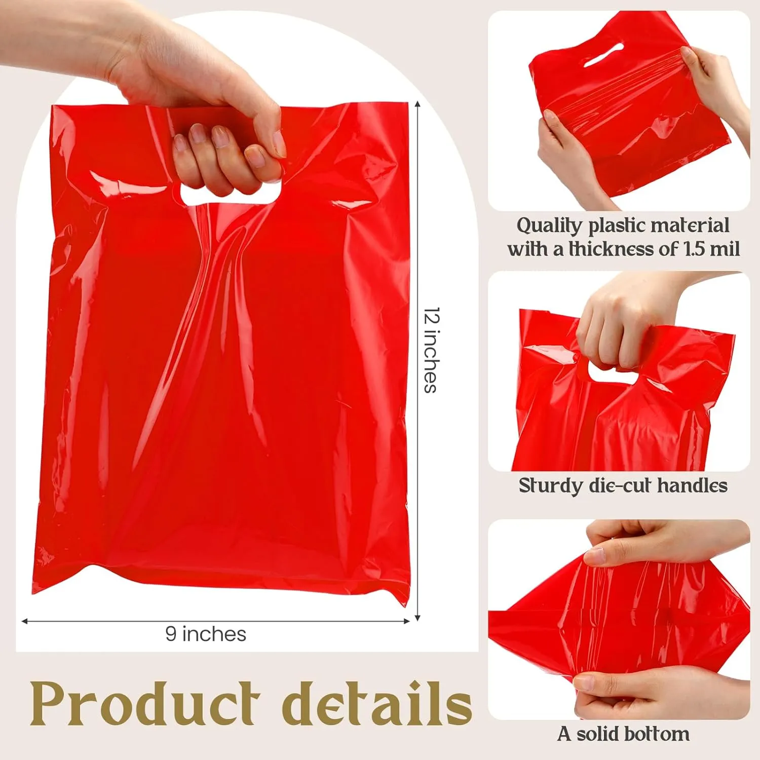 Janlaugh 300 Pcs Merchandise Bags with Die Cut Handle 1.5 Mil 9 x 12 Inch Thick Plastic Glossy Retail and Shopping Bag for Party Favor Gift Boutique(Yellow Tender Green Bright Red)