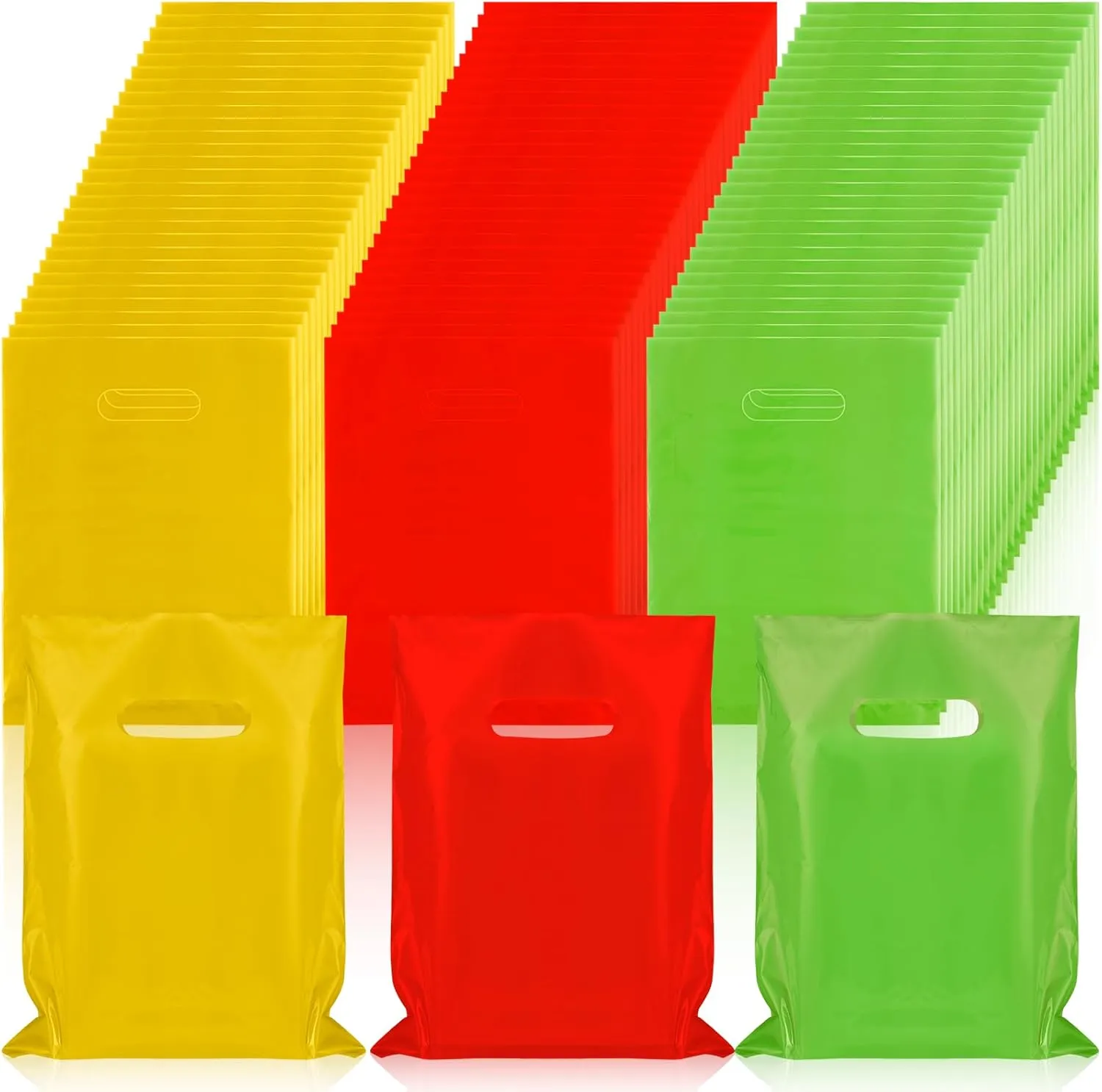 Janlaugh 300 Pcs Merchandise Bags with Die Cut Handle 1.5 Mil 9 x 12 Inch Thick Plastic Glossy Retail and Shopping Bag for Party Favor Gift Boutique(Yellow Tender Green Bright Red)
