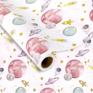 JarThenaAMCS Outer Space Wrapping Paper -Mini Roll- 17In x 32.8Ft First Trip Around The Sun Wrap Paper Pink Galaxy Star Craft Paper for Baby Shower Girls Birthday Party Gift Packing Supplies