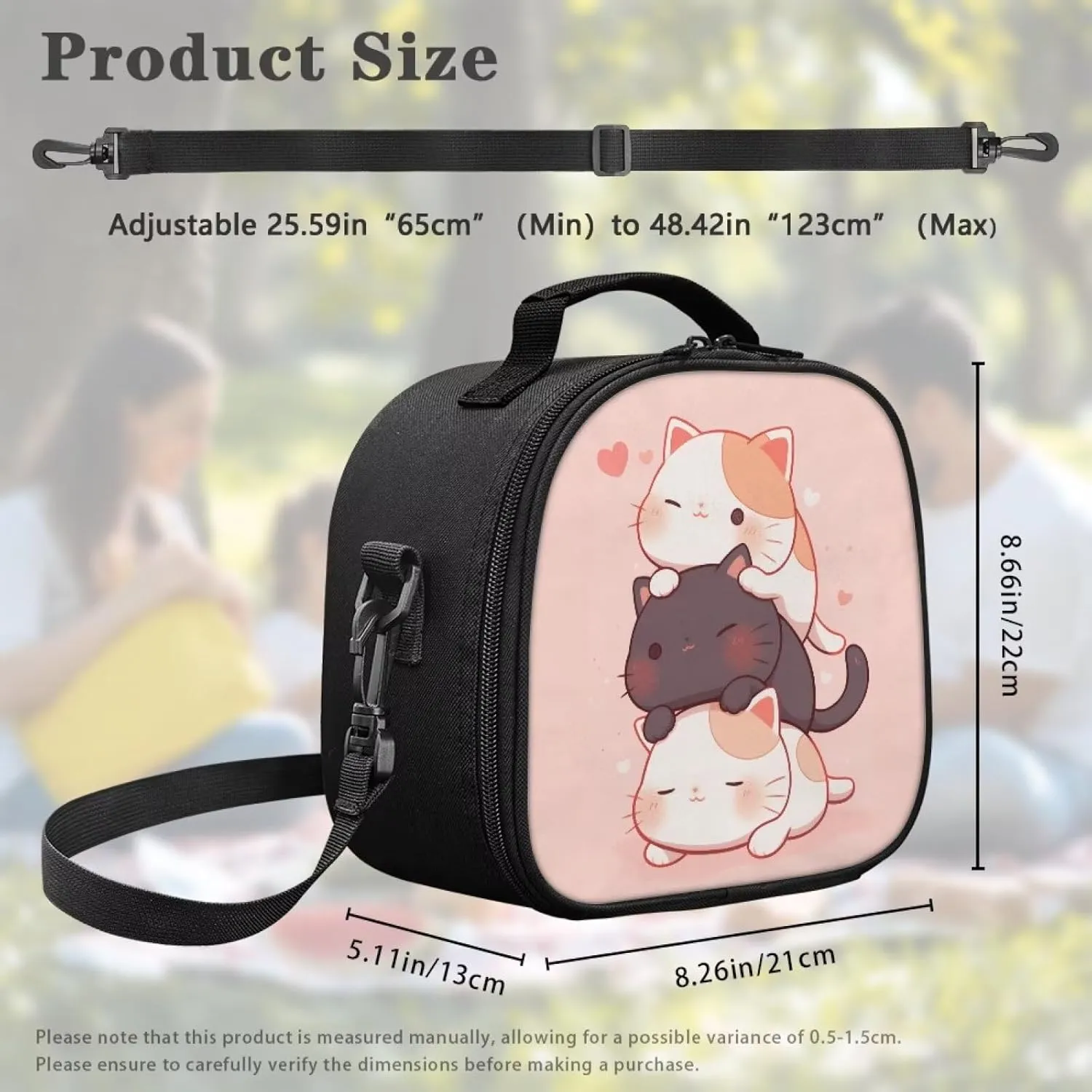 Jengjengle Cat Lunch Box Containers for Kids for School Cute Lunch Bags Insulated Reusable Lunchbox with Detachable Handle & Adjustable Shoulder Strap Cooler Tote Bag