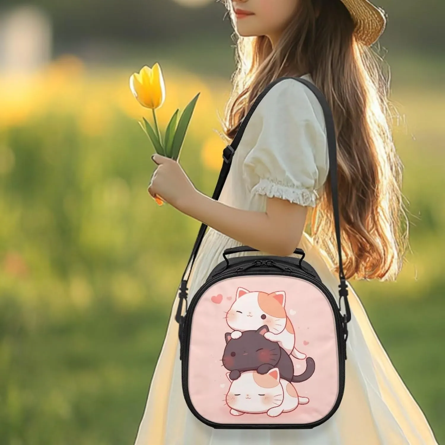Jengjengle Cat Lunch Box Containers for Kids for School Cute Lunch Bags Insulated Reusable Lunchbox with Detachable Handle & Adjustable Shoulder Strap Cooler Tote Bag