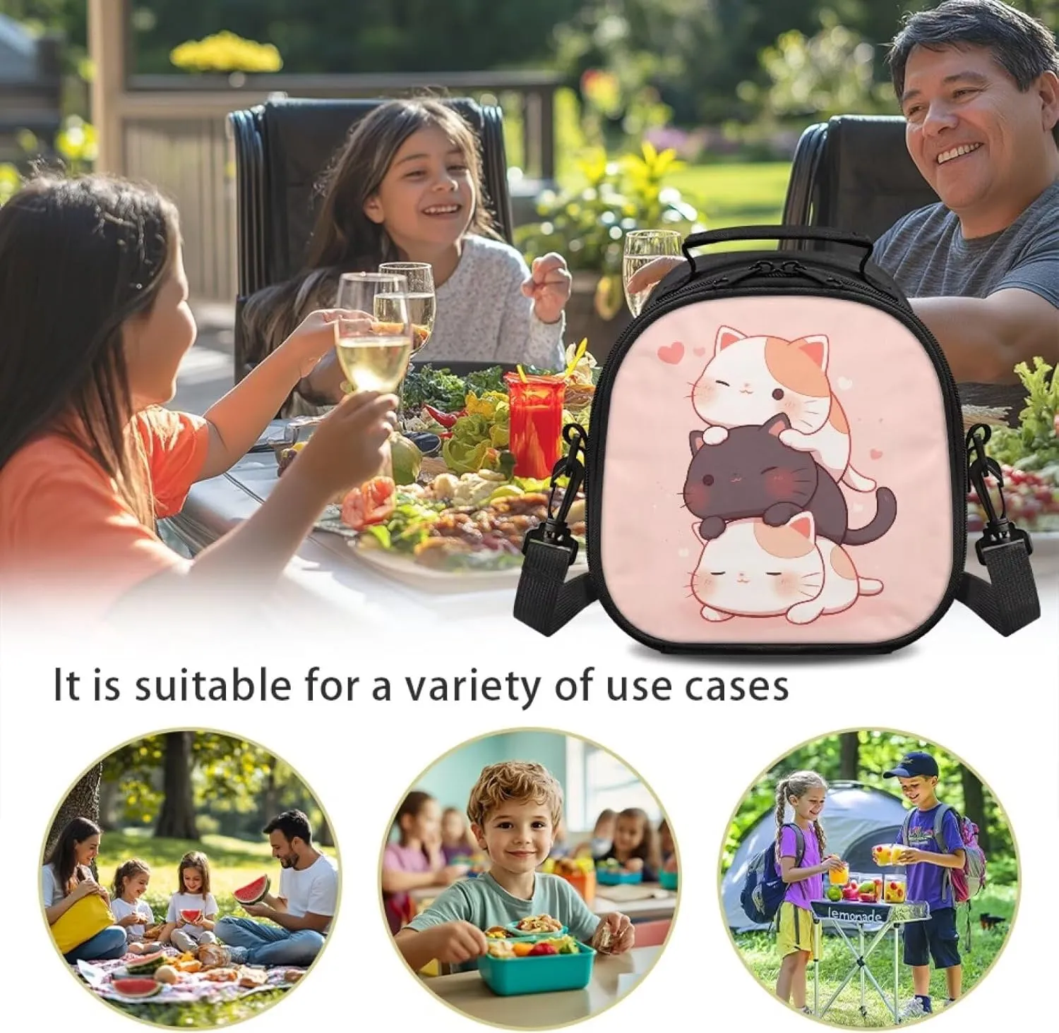 Jengjengle Cat Lunch Box Containers for Kids for School Cute Lunch Bags Insulated Reusable Lunchbox with Detachable Handle & Adjustable Shoulder Strap Cooler Tote Bag
