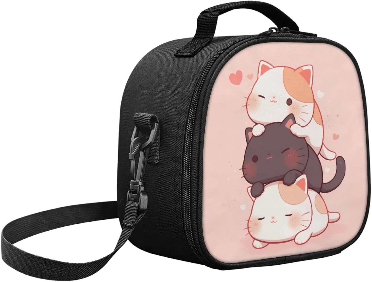 Jengjengle Cat Lunch Box Containers for Kids for School Cute Lunch Bags Insulated Reusable Lunchbox with Detachable Handle & Adjustable Shoulder Strap Cooler Tote Bag