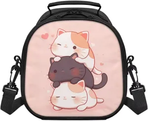 Jengjengle Cat Lunch Box Containers for Kids for School Cute Lunch Bags Insulated Reusable Lunchbox with Detachable Handle & Adjustable Shoulder Strap Cooler Tote Bag