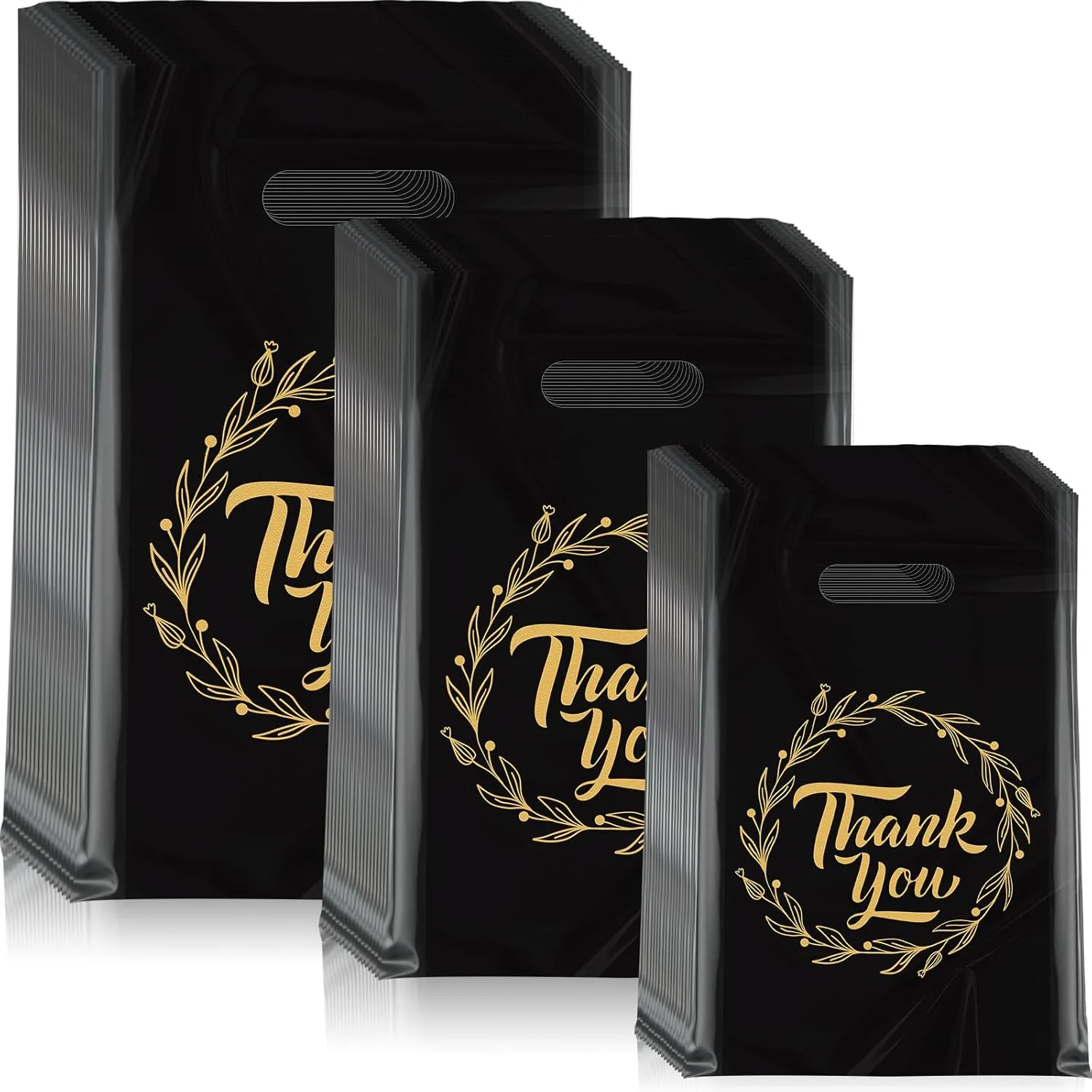 Jeyiour 300 Pcs Thank You Merchandise Bags with Handles Die Cut Plastic Shopping Bags Thank You Gift Boutique Goodie Sacks for Party Stores, 3 Sizes(Garland)