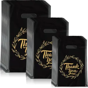Jeyiour 300 Pcs Thank You Merchandise Bags with Handles Die Cut Plastic Shopping Bags Thank You Gift Boutique Goodie Sacks for Party Stores, 3 Sizes(Garland)