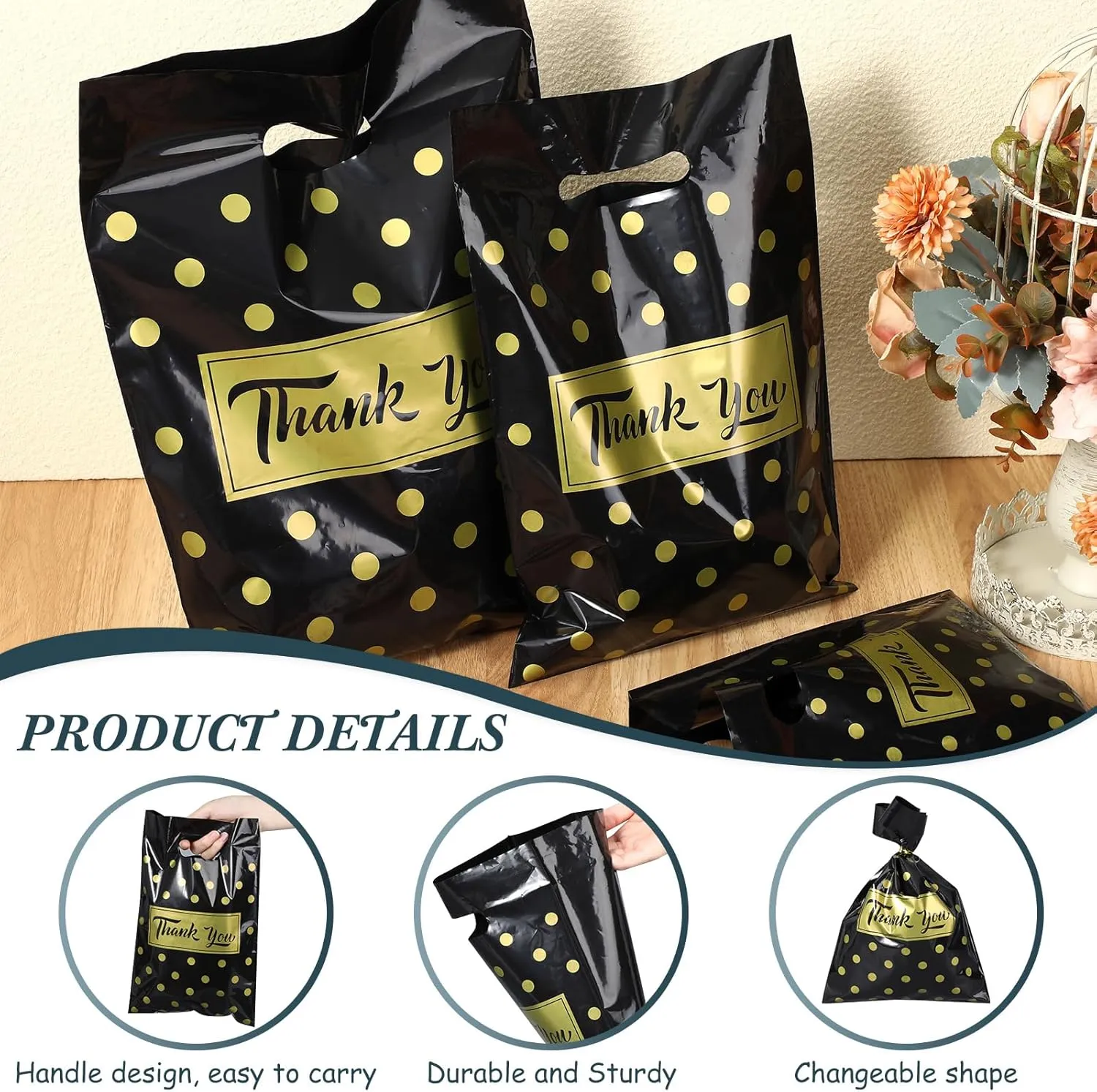Jeyiour 300 Pcs Thank You Merchandise Bags with Handles Die Cut Plastic Shopping Bags Thank You Gift Boutique Goodie Sacks for Party Stores, 3 Sizes(Polka Dots)