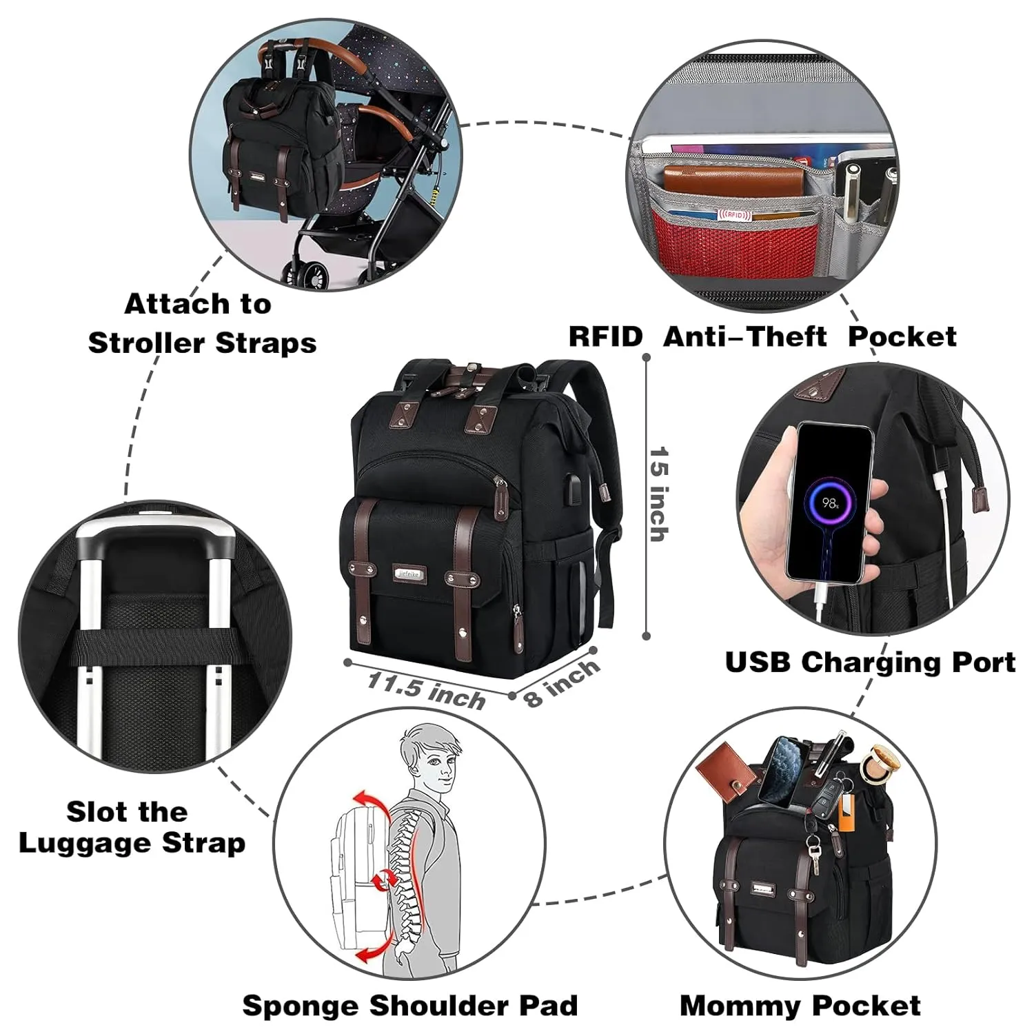 Jiefeike Diaper Bag Backpack, Baby Boys Girls Portable Baby Nappy Bags, Dad Mom Backpack Diaper Bag with Insulated Pockets USB Charging Port RFID Anti-Theft Water-Resistant Pocket Stroller Straps