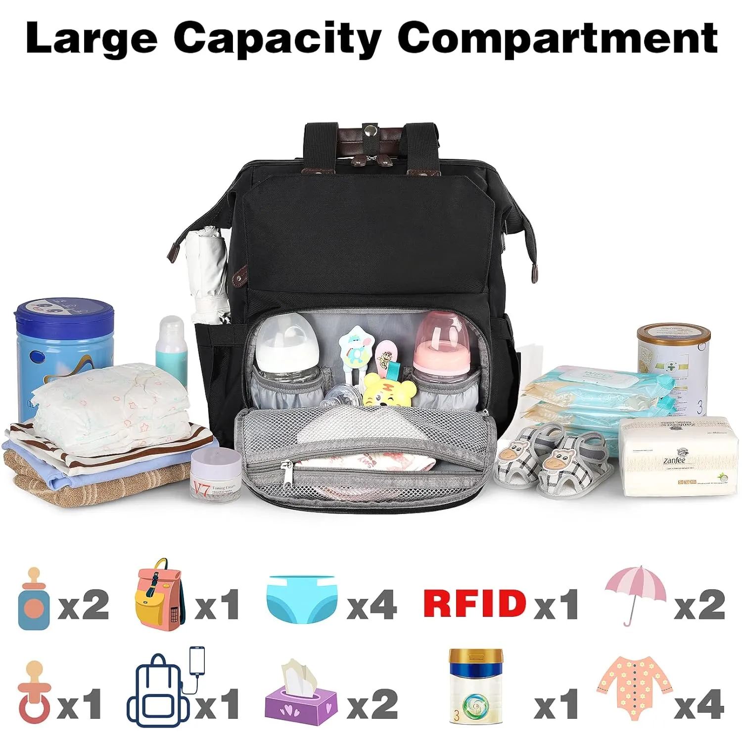 Jiefeike Diaper Bag Backpack, Baby Boys Girls Portable Baby Nappy Bags, Dad Mom Backpack Diaper Bag with Insulated Pockets USB Charging Port RFID Anti-Theft Water-Resistant Pocket Stroller Straps