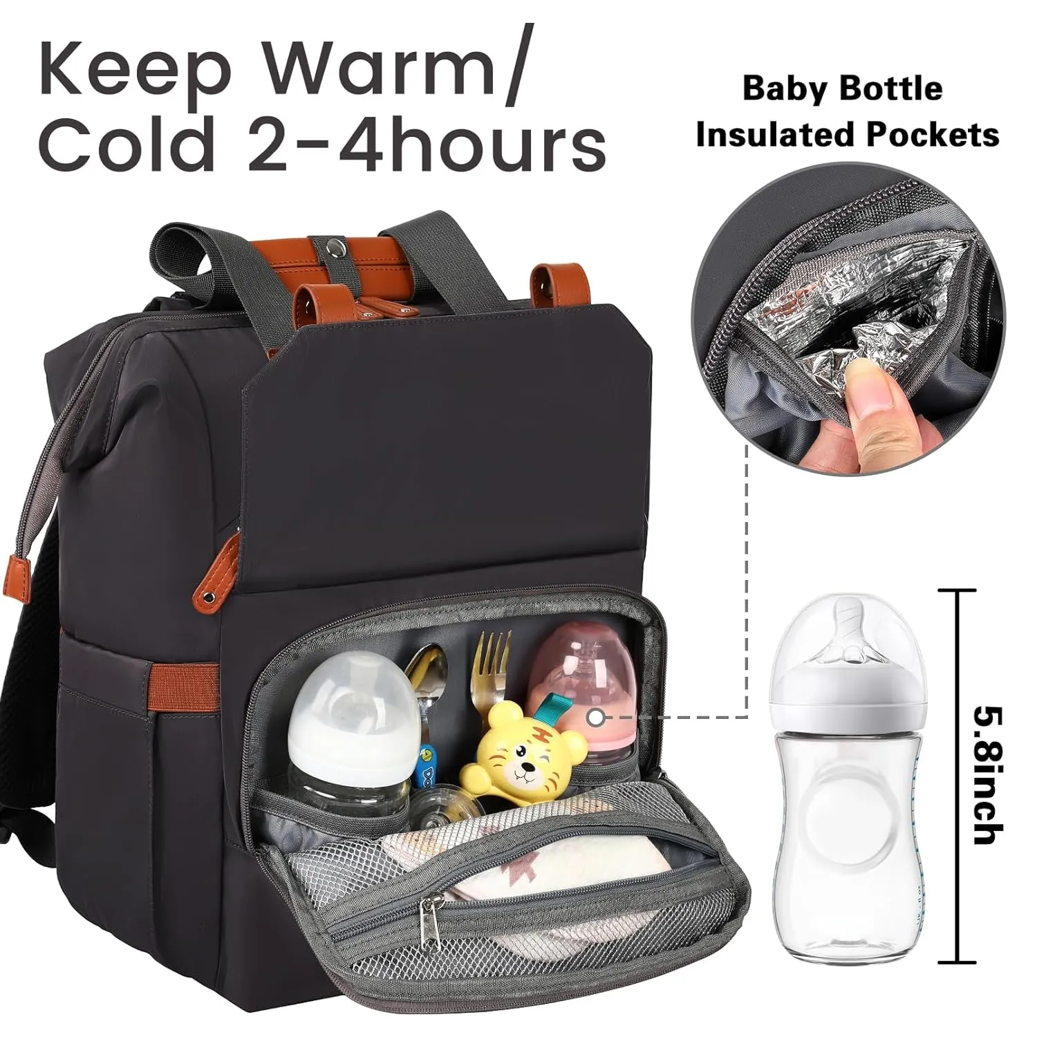 Jiefeike Diaper Bag Backpack,Black Baby Girls Travel Backpack Diaper Bag for Dad Mom,Insulated Pockets Portable Baby Nappy Bags with USB Charging Port,RFID Anti-Theft Pocket Stroller Straps