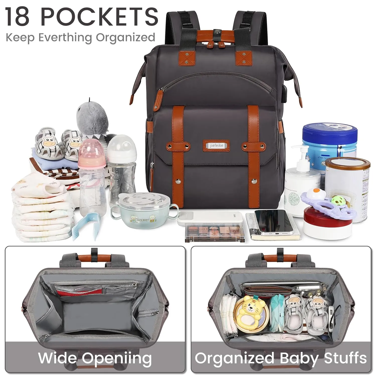 Jiefeike Diaper Bag Backpack,Black Baby Girls Travel Backpack Diaper Bag for Dad Mom,Insulated Pockets Portable Baby Nappy Bags with USB Charging Port,RFID Anti-Theft Pocket Stroller Straps
