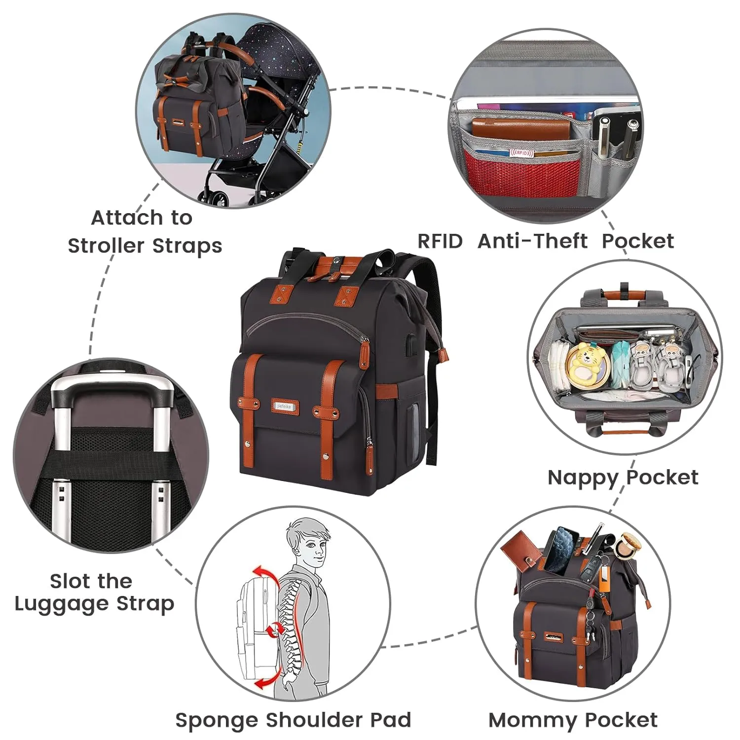 Jiefeike Diaper Bag Backpack,Black Baby Girls Travel Backpack Diaper Bag for Dad Mom,Insulated Pockets Portable Baby Nappy Bags with USB Charging Port,RFID Anti-Theft Pocket Stroller Straps