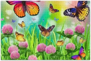Jigsaw Puzzles 500 Piece for Adults Family Puzzle Lovers Gifts Colorful Butterflies Floral Green Grass Difficult Jigsaw Puzzle Scenery Floral Art, 20.5x14.9 Inch