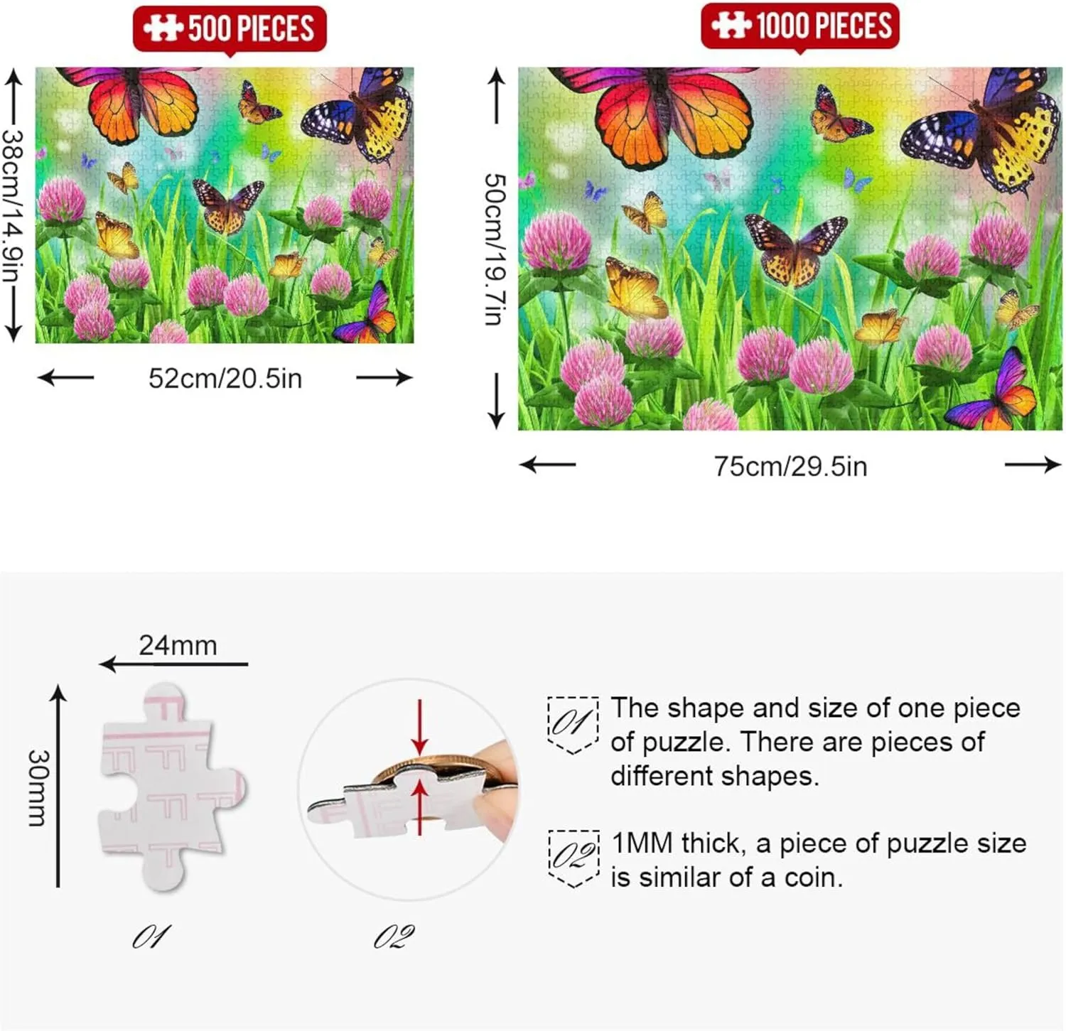 Jigsaw Puzzles 500 Piece for Adults Family Puzzle Lovers Gifts Colorful Butterflies Floral Green Grass Difficult Jigsaw Puzzle Scenery Floral Art, 20.5x14.9 Inch
