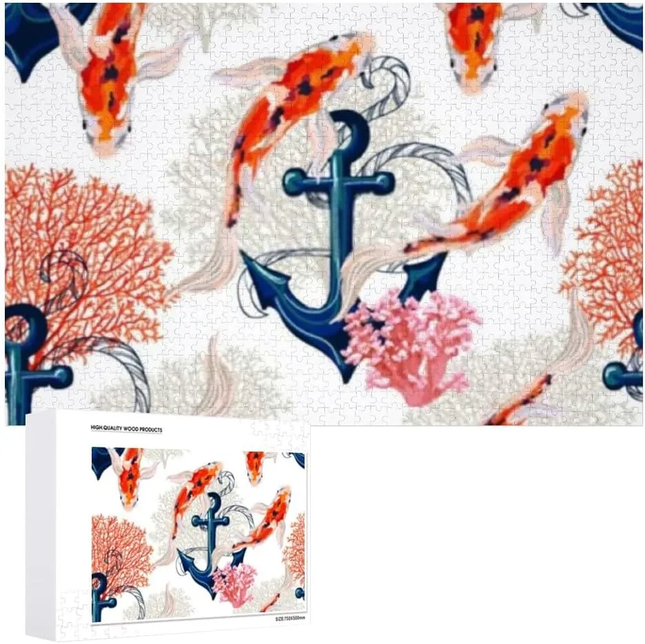 Jigsaw Puzzles Watercolor Tropical Koi Fish Anchor Toy Kid Educational Games Brain Challenge Adults Art DIY Child Leisure Game Suitable Family Friends 500PCS