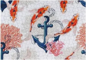 Jigsaw Puzzles Watercolor Tropical Koi Fish Anchor Toy Kid Educational Games Brain Challenge Adults Art DIY Child Leisure Game Suitable Family Friends 500PCS