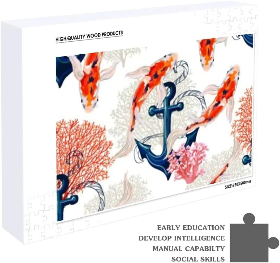 Jigsaw Puzzles Watercolor Tropical Koi Fish Anchor Toy Kid Educational Games Brain Challenge Adults Art DIY Child Leisure Game Suitable Family Friends 500PCS