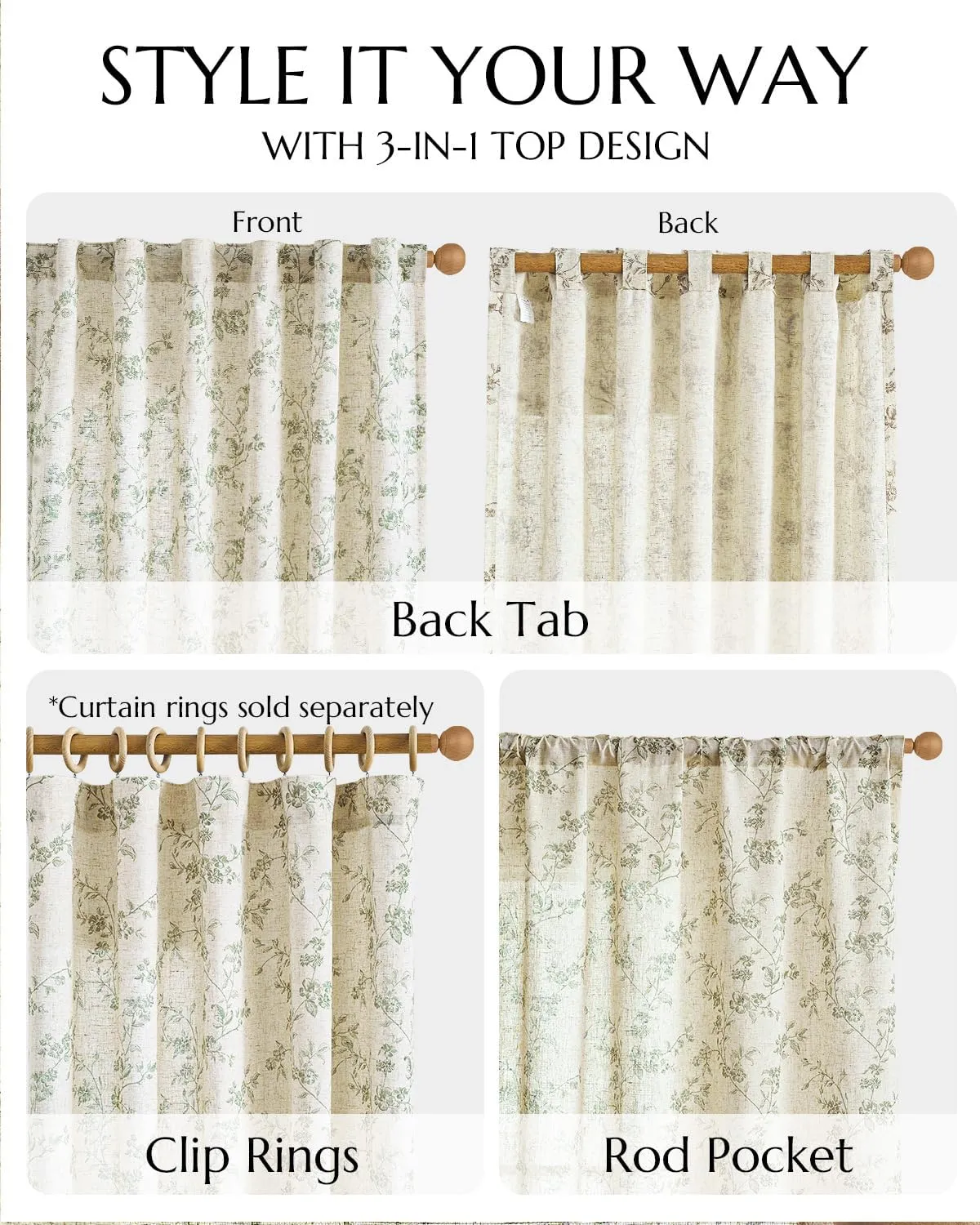 jinchan Linen Floral Curtains for Living Room 96 Inch Length Sage Green Printed Curtains Back Tab French Country Farmhouse Flower Patterned Drapes Bedroom Window Curtain Set 2 Panels