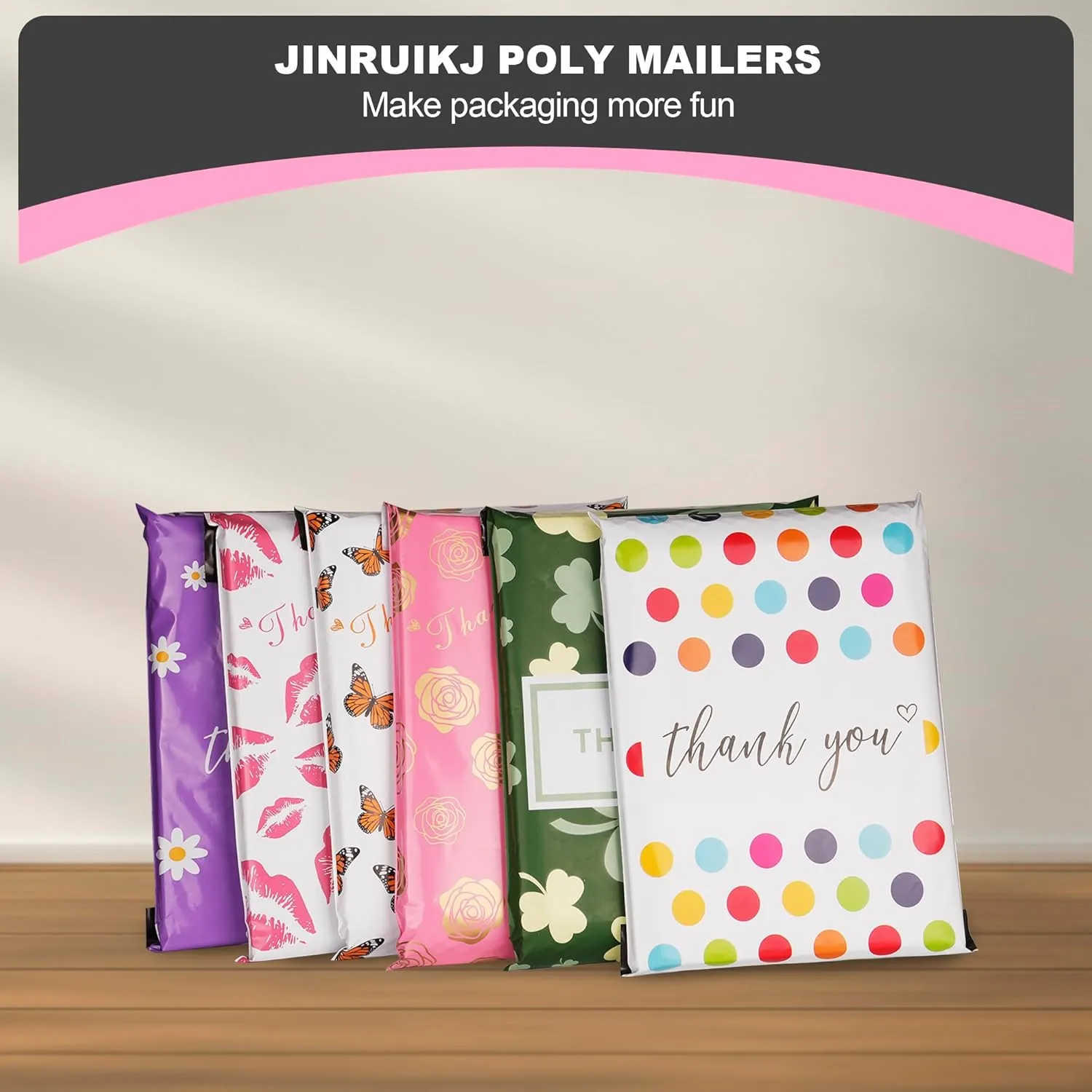JinRuiKJ Thank You Poly Mailer 14.5x19 50 Pack - Shipping Bags for Clothing, Strong Thick and Self Adhesive Shipping Envelopes - Cute Packaging Bags for Small Business - White Polka Dots